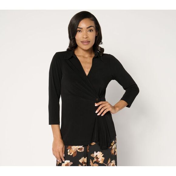 Susan Graver Women's Top Sz M Liquid Knit Faux-Wrap Cascade Sleeve Black A677174 - Picture 1 of 4